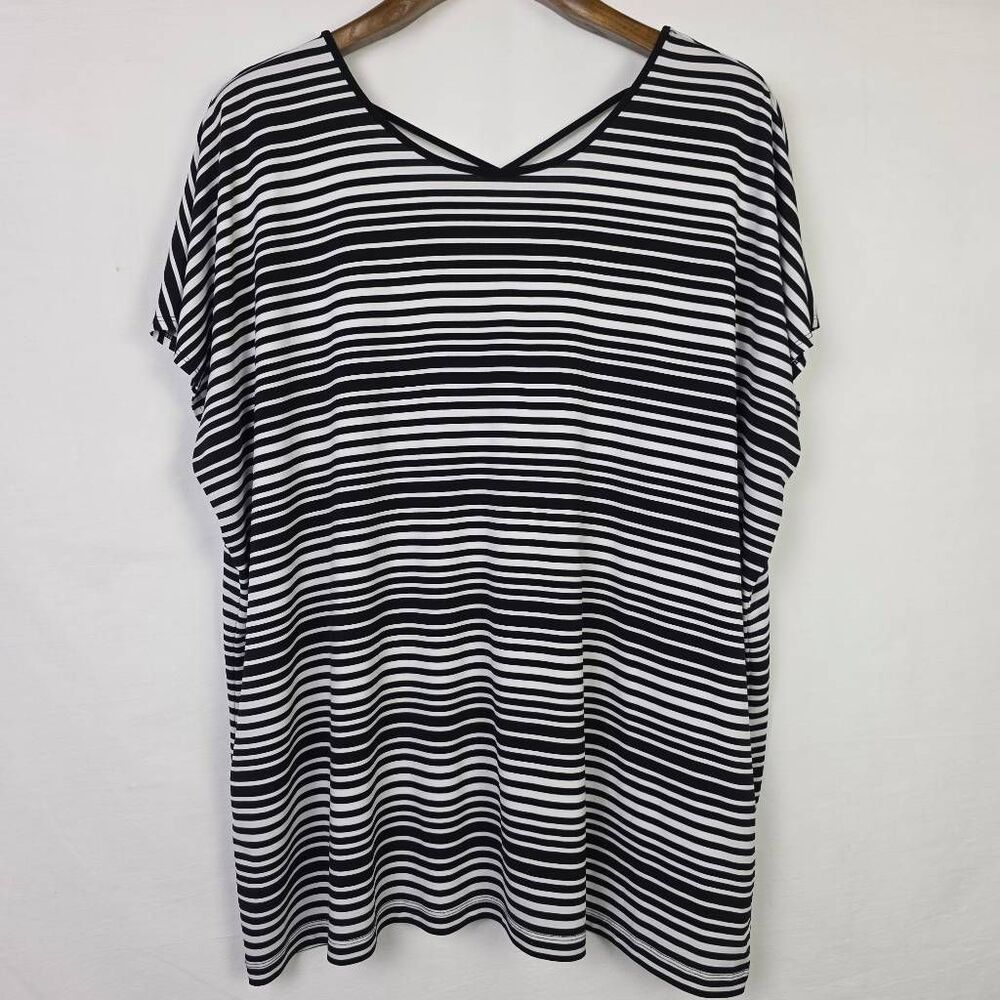 CJ Banks Striped Criss Cross Back Top 2X Black White Plus